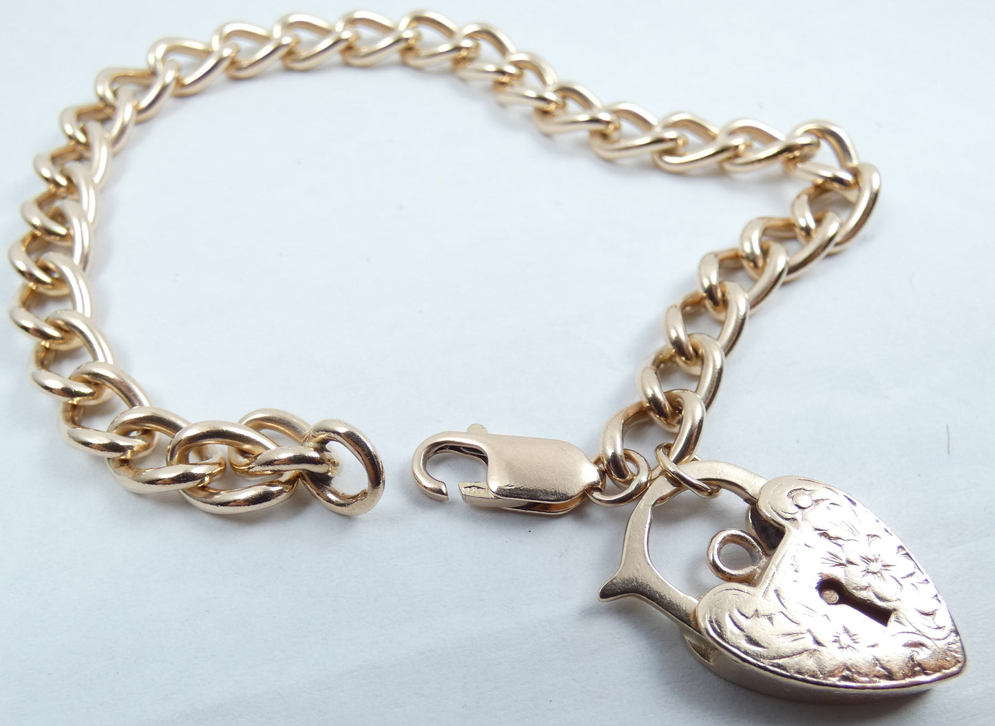 Vintage Heavy 9ct Yellow Gold 21cm 8" 6mm Link Charm Bracelet Chain Padlock 21gm