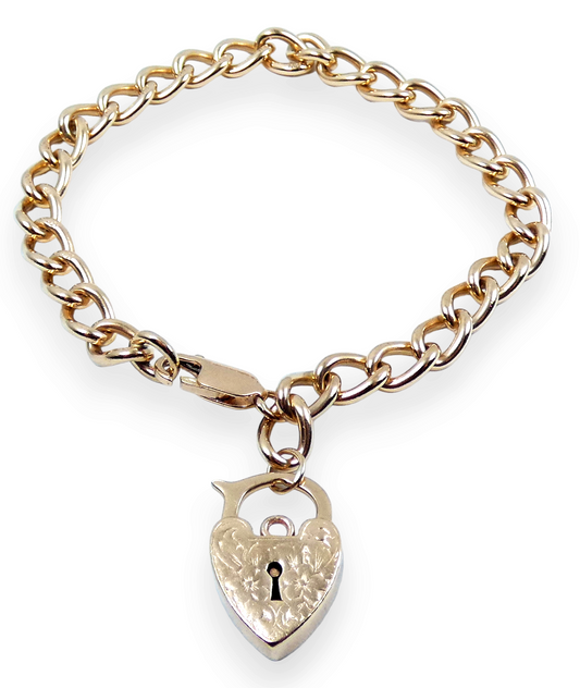 Vintage Heavy 9ct Yellow Gold 21cm 8" 6mm Link Charm Bracelet Chain Padlock 21gm