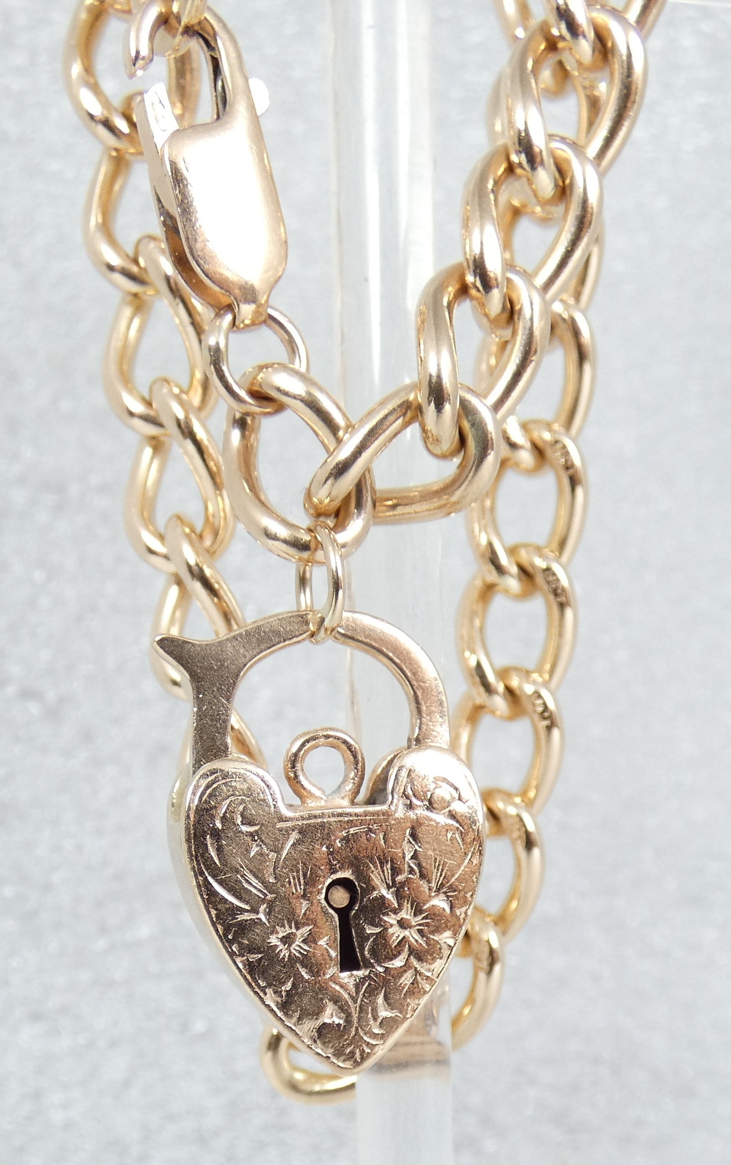 Vintage Heavy 9ct Yellow Gold 21cm 8" 6mm Link Charm Bracelet Chain Padlock 21gm