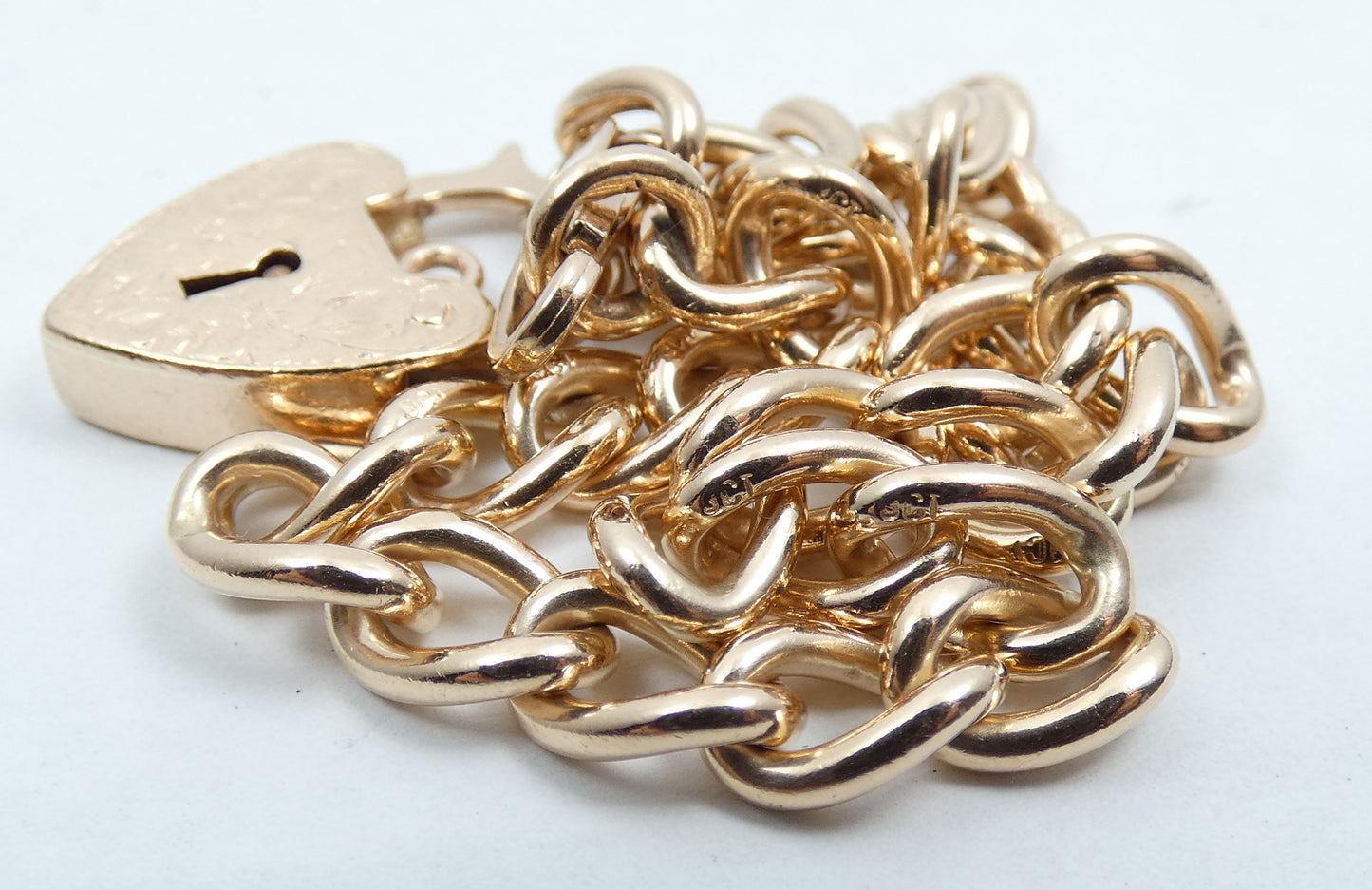 Vintage Heavy 9ct Yellow Gold 21cm 8" 6mm Link Charm Bracelet Chain Padlock 21gm
