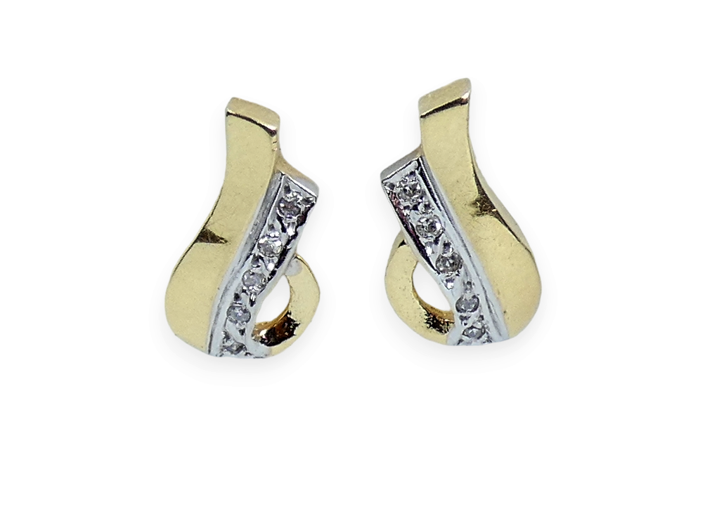 Vintage Solid 14ct Yellow White Gold & Diamond 14mm Studs Earrings Set Pair 585