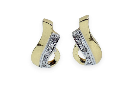 Vintage Solid 14ct Yellow White Gold & Diamond 14mm Studs Earrings Set Pair 585