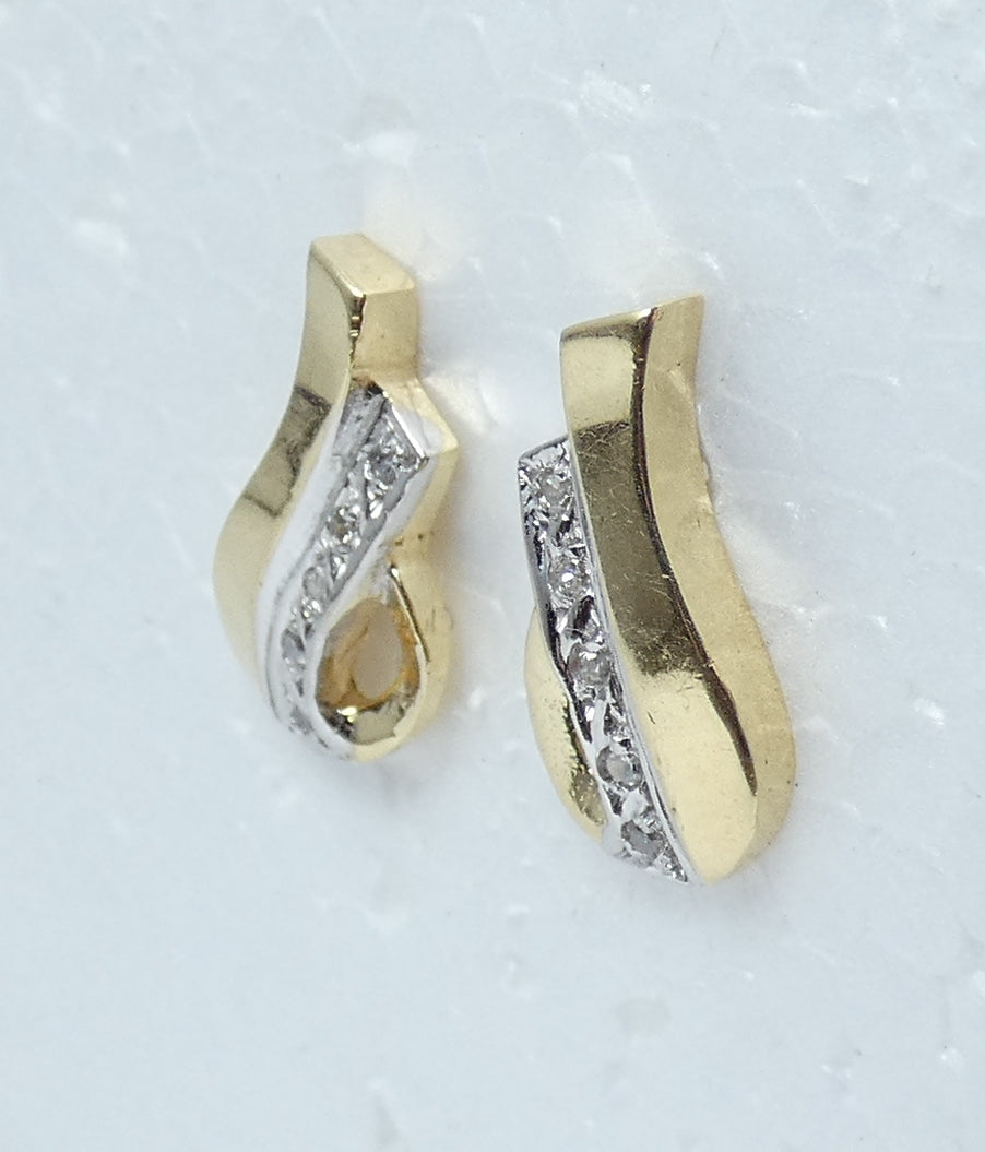 Vintage Solid 14ct Yellow White Gold & Diamond 14mm Studs Earrings Set Pair 585