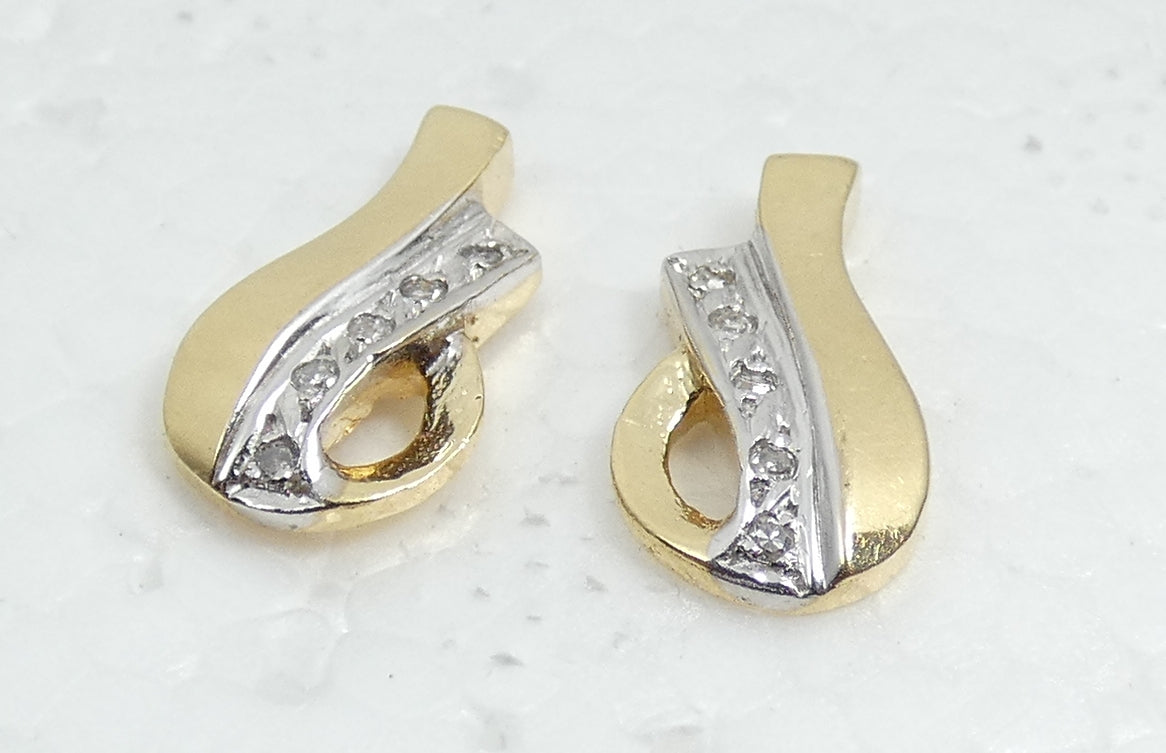 Vintage Solid 14ct Yellow White Gold & Diamond 14mm Studs Earrings Set Pair 585