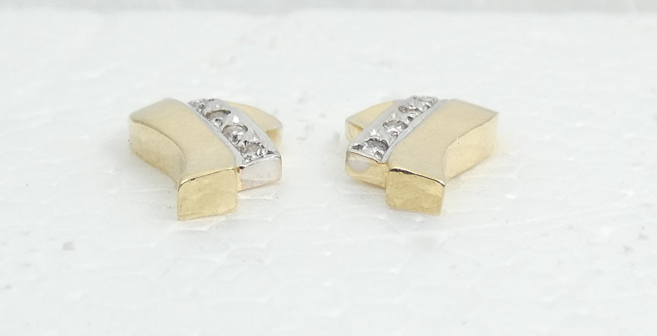 Vintage Solid 14ct Yellow White Gold & Diamond 14mm Studs Earrings Set Pair 585