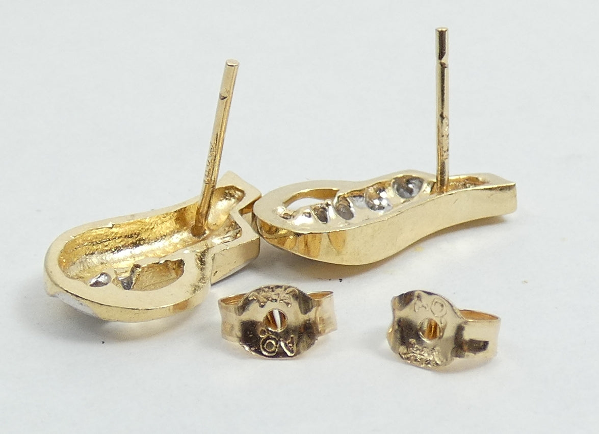 Vintage Solid 14ct Yellow White Gold & Diamond 14mm Studs Earrings Set Pair 585