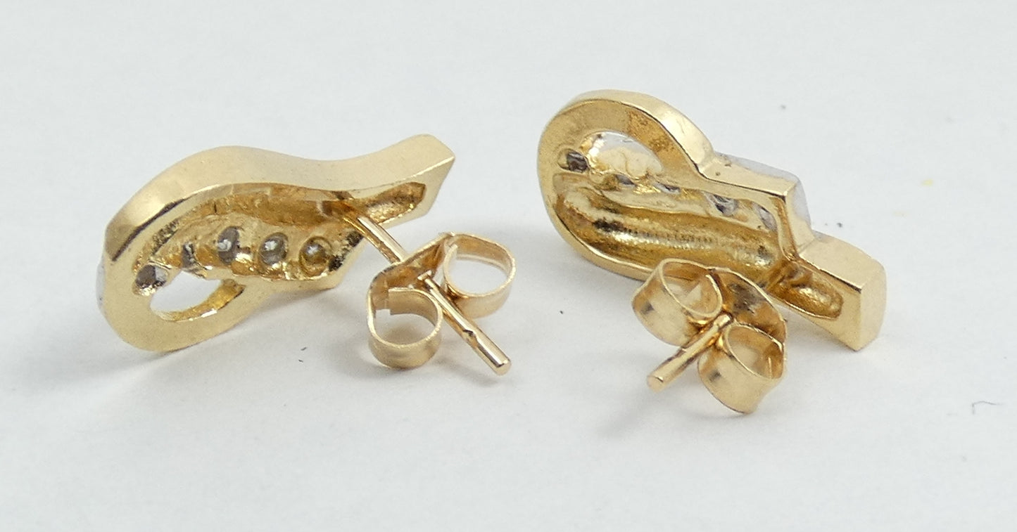 Vintage Solid 14ct Yellow White Gold & Diamond 14mm Studs Earrings Set Pair 585