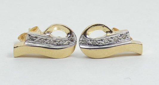 Vintage Solid 14ct Yellow White Gold & Diamond 14mm Studs Earrings Set Pair 585