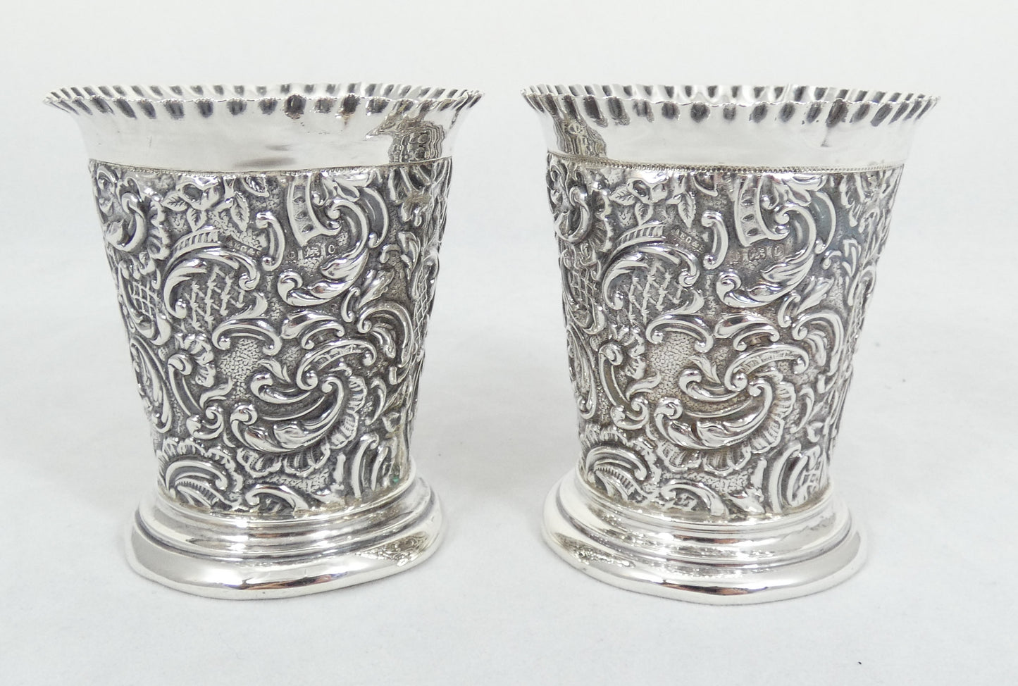 Antique Edwardian 1902 Pair Sterling Silver Flower Vases Tumblers Cups Beakers