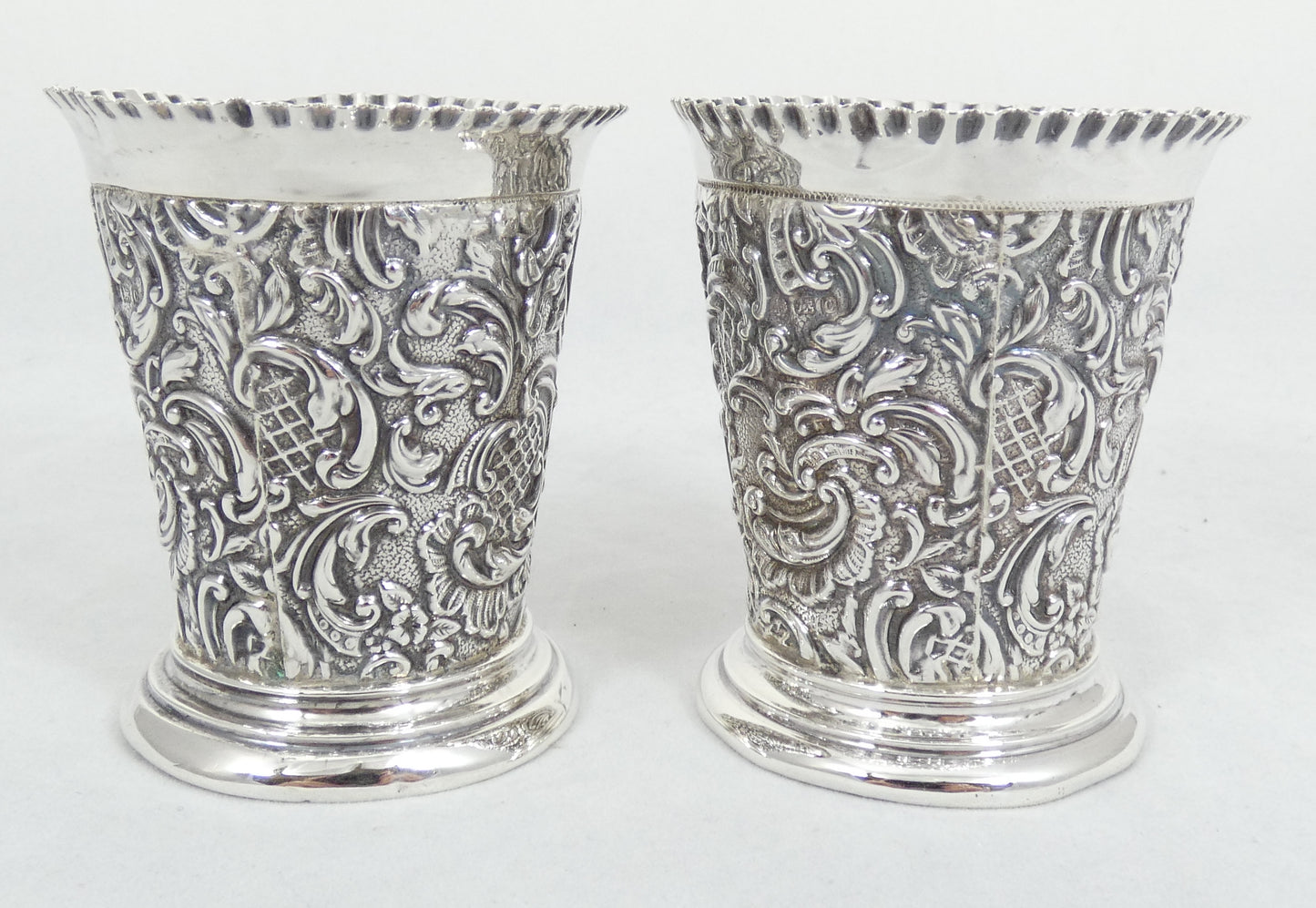 Antique Edwardian 1902 Pair Sterling Silver Flower Vases Tumblers Cups Beakers
