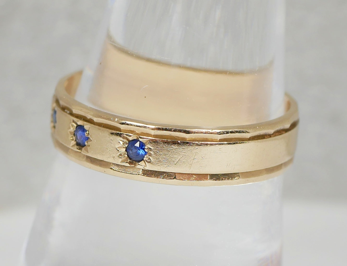Vintage Solid 9ct Yellow Gold Blue Sapphire Wedding Band Dress Ring Size 8 P 56