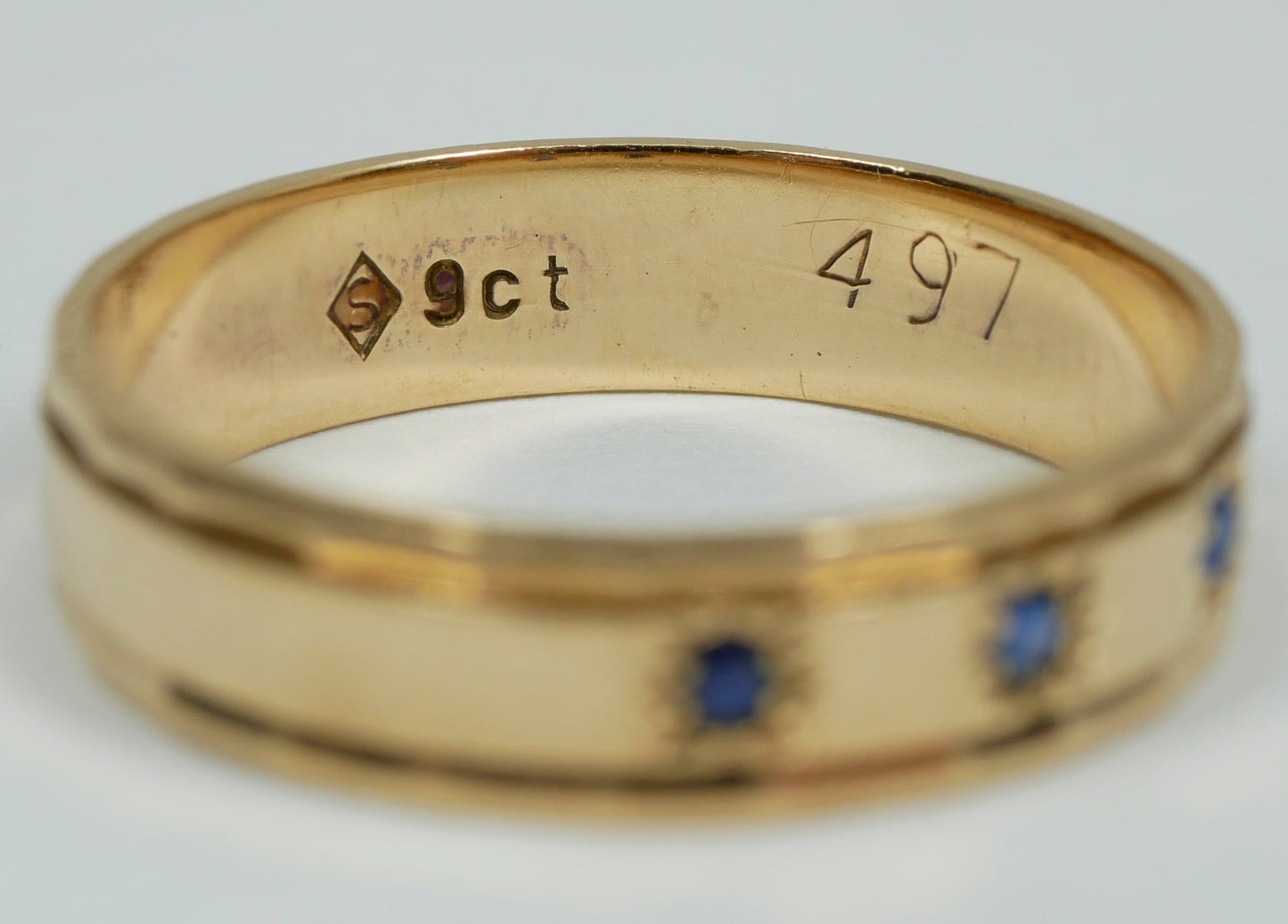 Vintage Solid 9ct Yellow Gold Blue Sapphire Wedding Band Dress Ring Size 8 P 56