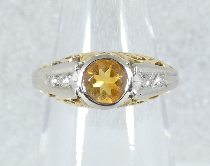 Vintage Art Deco Solid 18ct Yellow Gold Citrine & Diamond Dress Ring 4.5 I 48