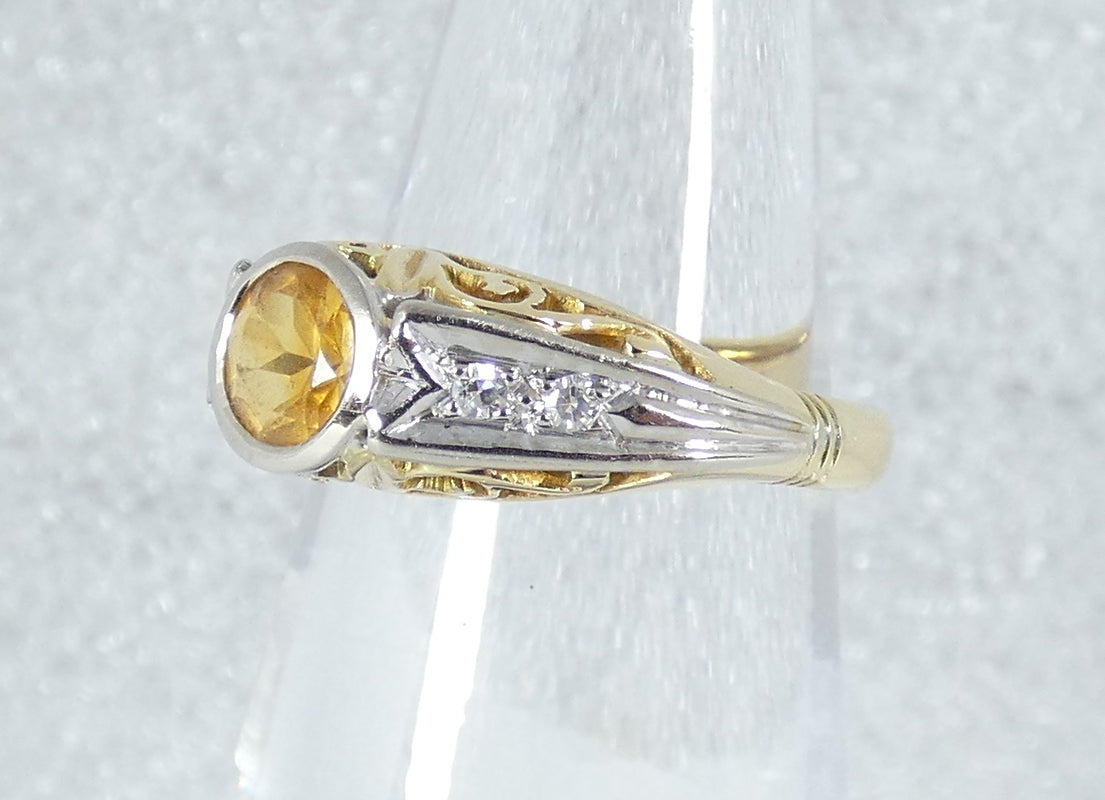 Vintage Art Deco Solid 18ct Yellow Gold Citrine & Diamond Dress Ring 4.5 I 48