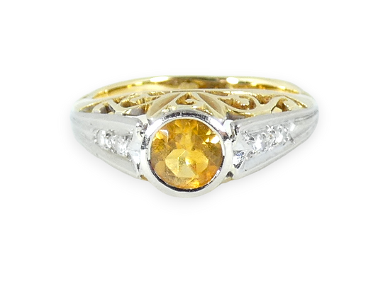 Vintage Art Deco Solid 18ct Yellow Gold Citrine & Diamond Dress Ring 4.5 I 48