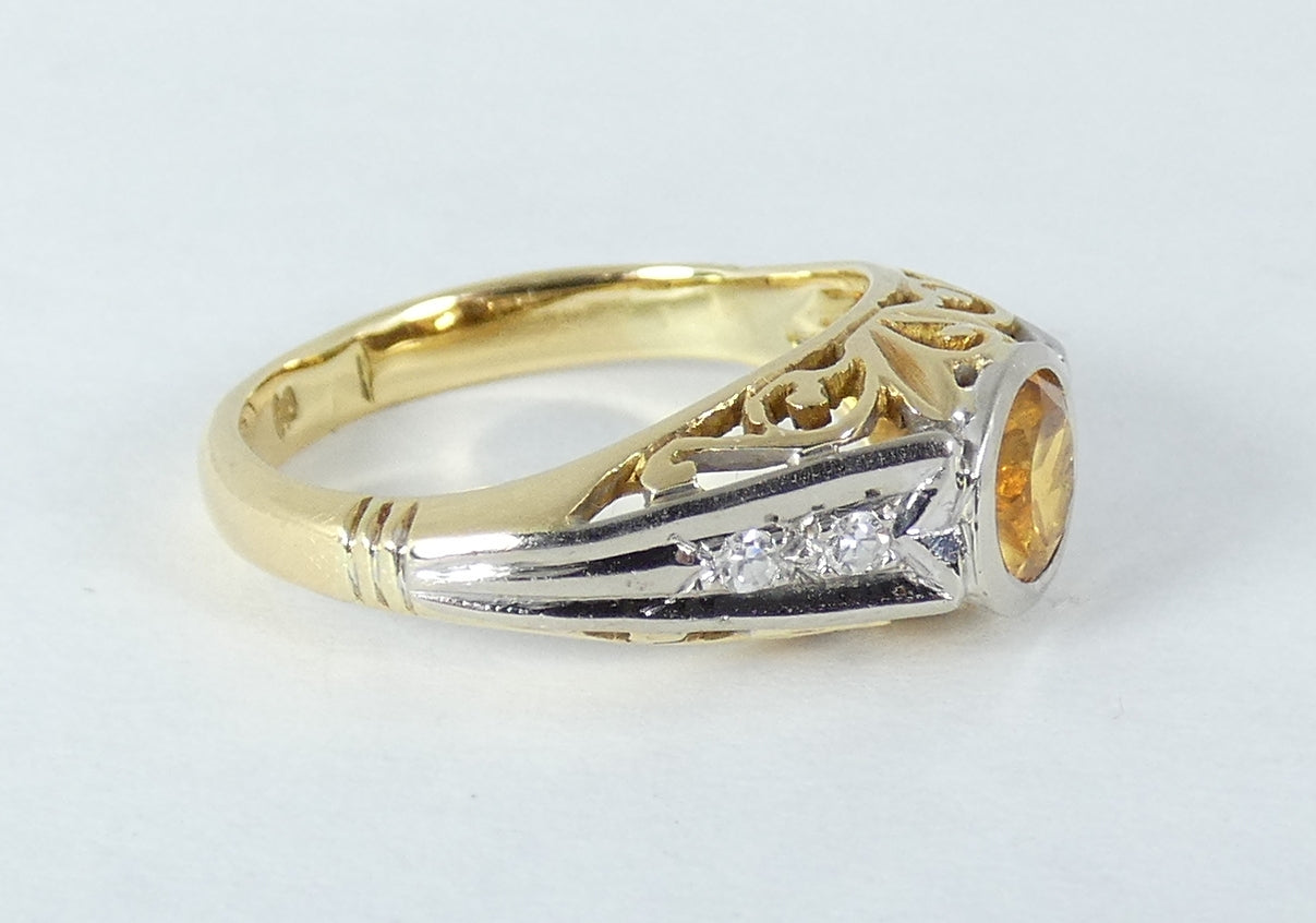 Vintage Art Deco Solid 18ct Yellow Gold Citrine & Diamond Dress Ring 4.5 I 48