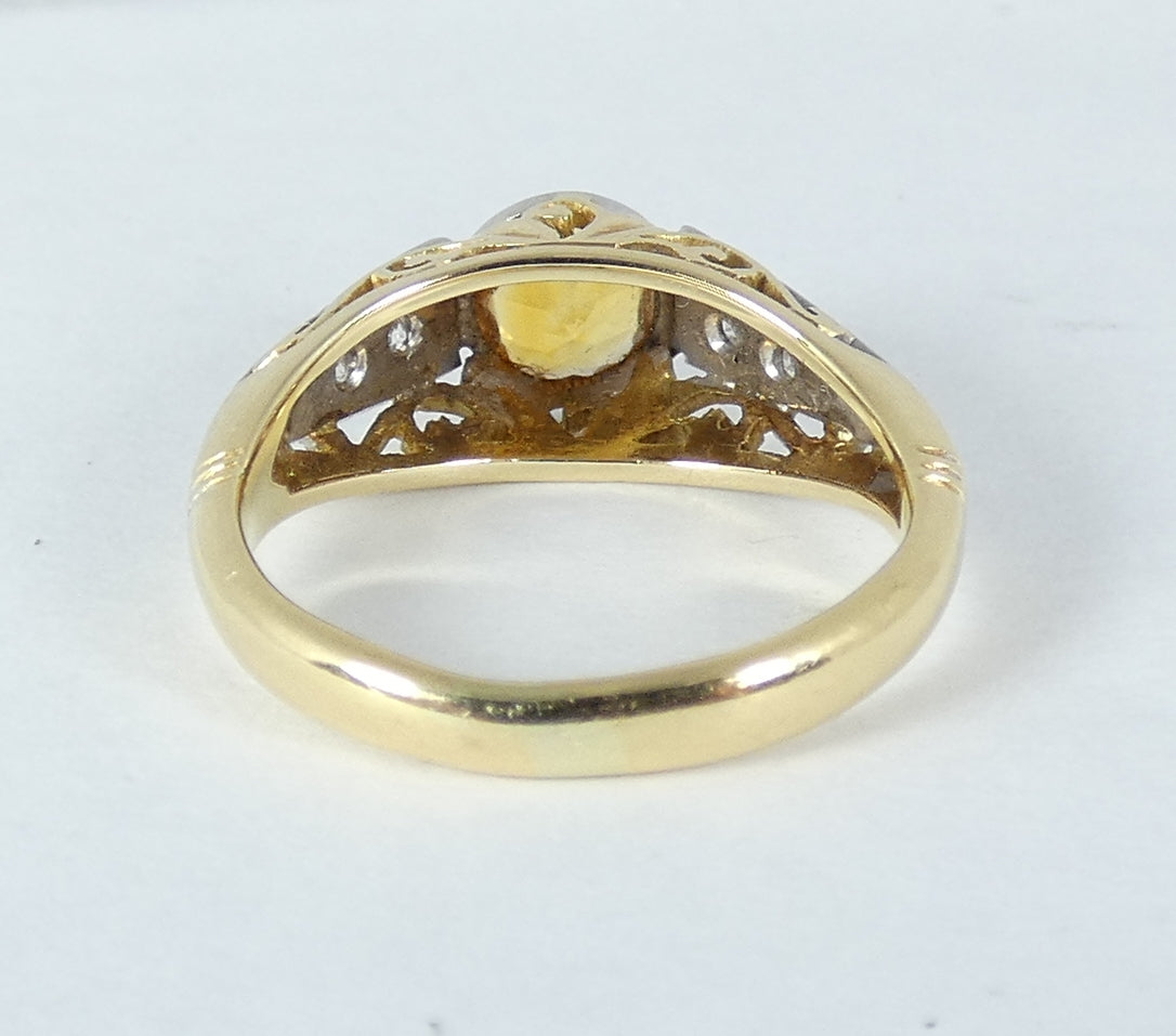 Vintage Art Deco Solid 18ct Yellow Gold Citrine & Diamond Dress Ring 4.5 I 48