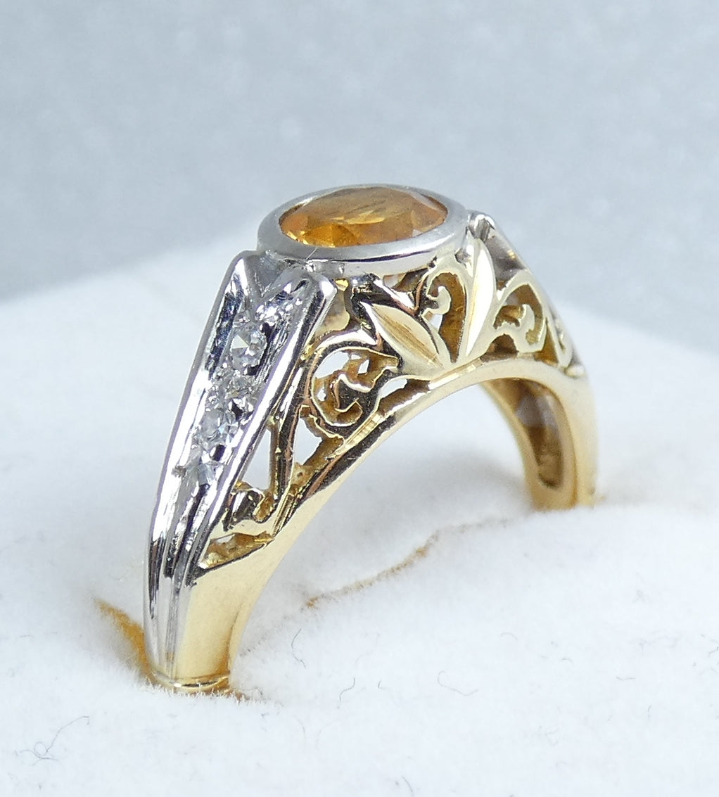 Vintage Art Deco Solid 18ct Yellow Gold Citrine & Diamond Dress Ring 4.5 I 48