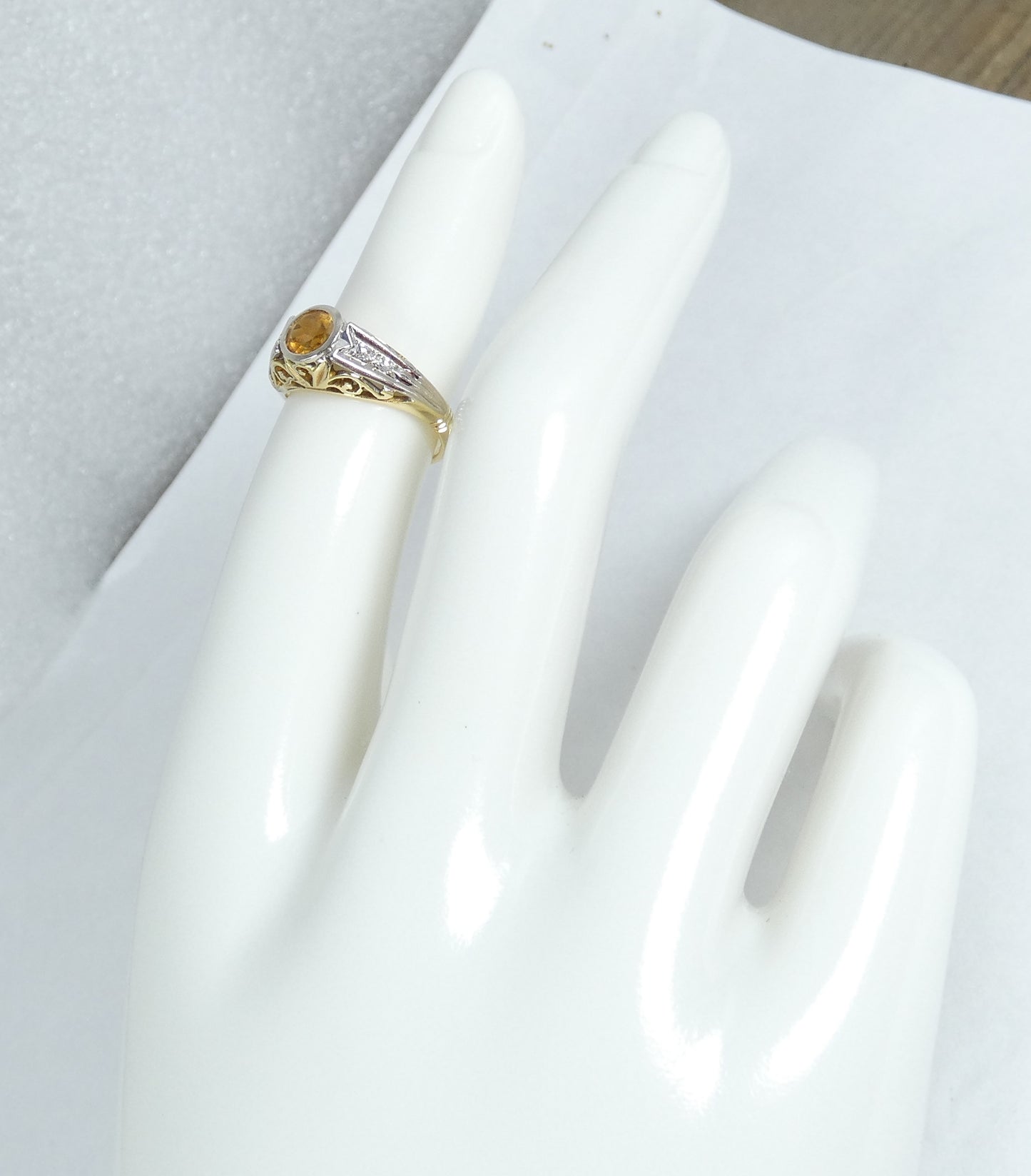 Vintage Art Deco Solid 18ct Yellow Gold Citrine & Diamond Dress Ring 4.5 I 48