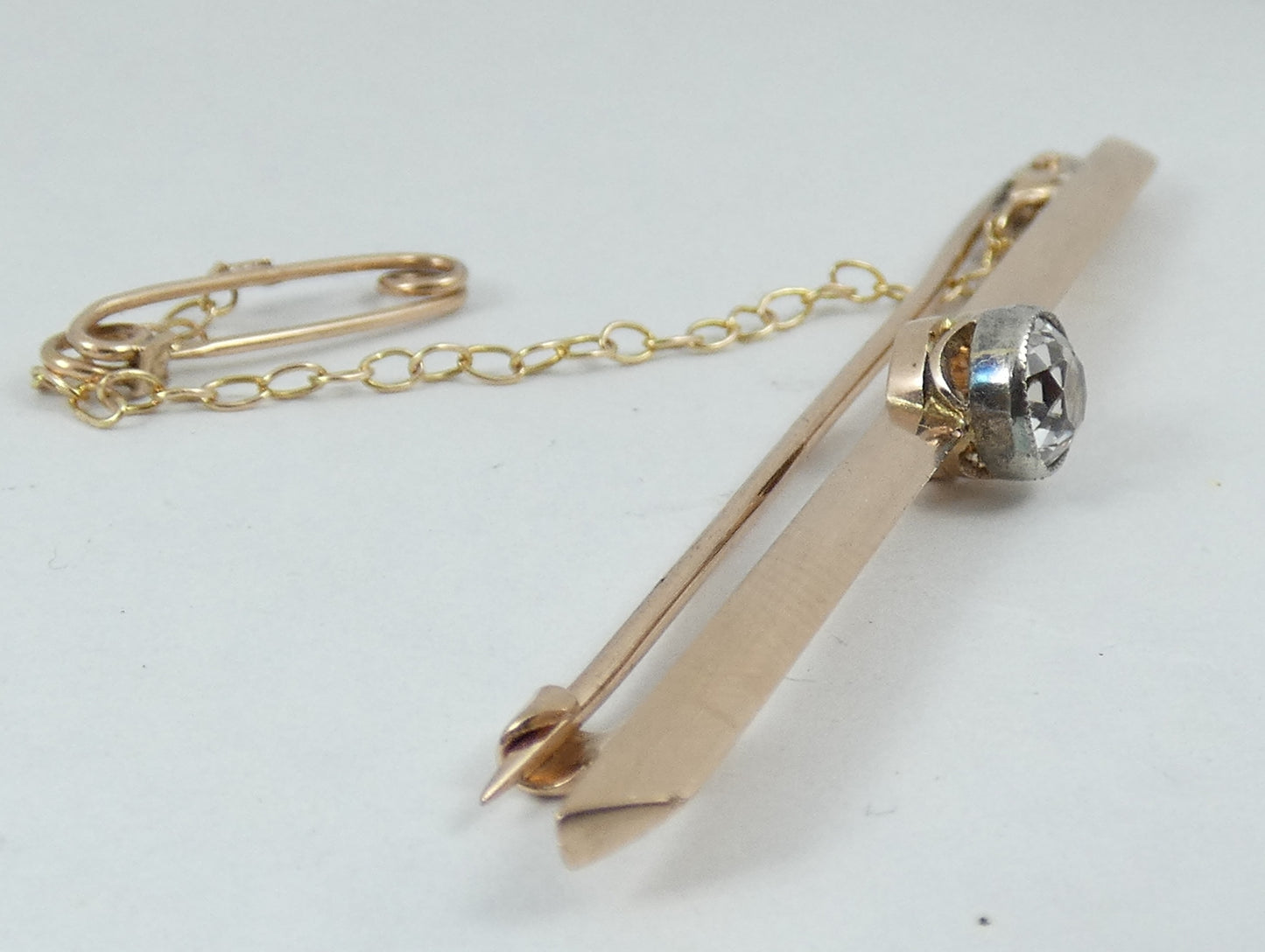 Antique 1920 Solid 9ct Rose Gold 54mm White Sapphire Solitaire Bar Brooch Pin WR