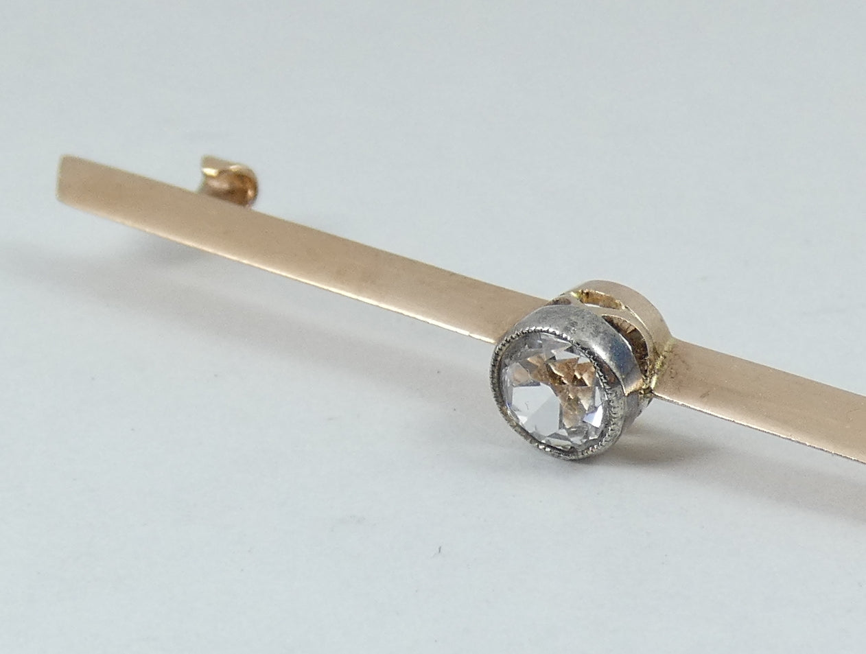 Antique 1920 Solid 9ct Rose Gold 54mm White Sapphire Solitaire Bar Brooch Pin WR