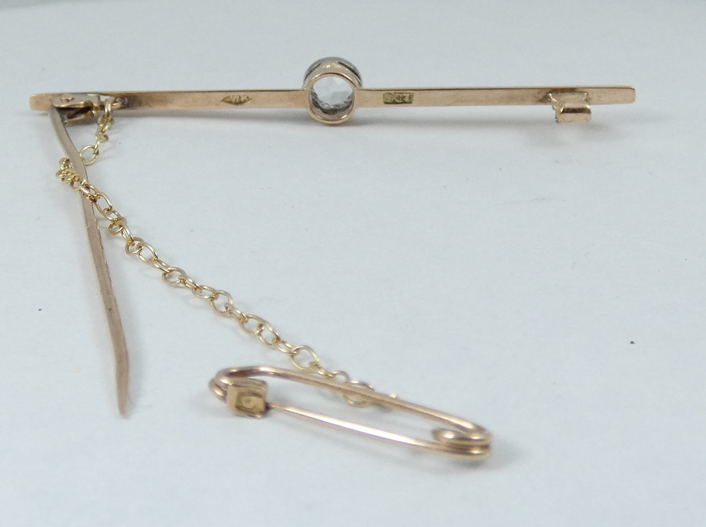 Antique 1920 Solid 9ct Rose Gold 54mm White Sapphire Solitaire Bar Brooch Pin WR