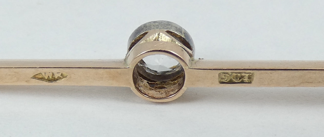Antique 1920 Solid 9ct Rose Gold 54mm White Sapphire Solitaire Bar Brooch Pin WR
