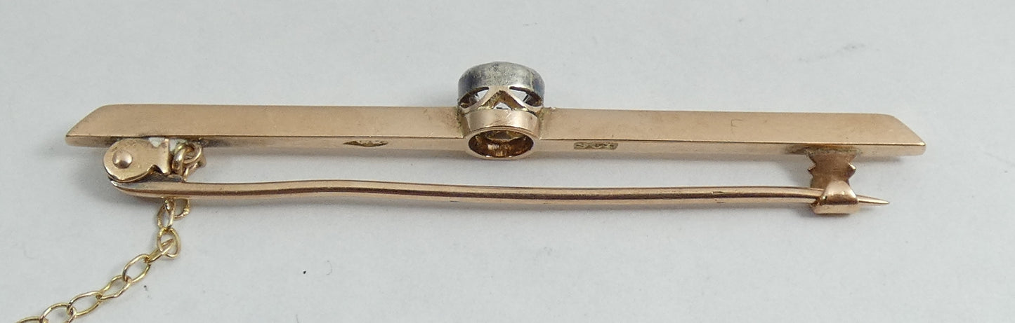 Antique 1920 Solid 9ct Rose Gold 54mm White Sapphire Solitaire Bar Brooch Pin WR