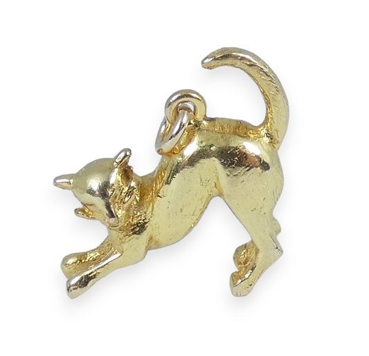 Vintage 1983 English Solid 9ct Yellow Gold Pouncing Cat Bracelet Charm Pendant