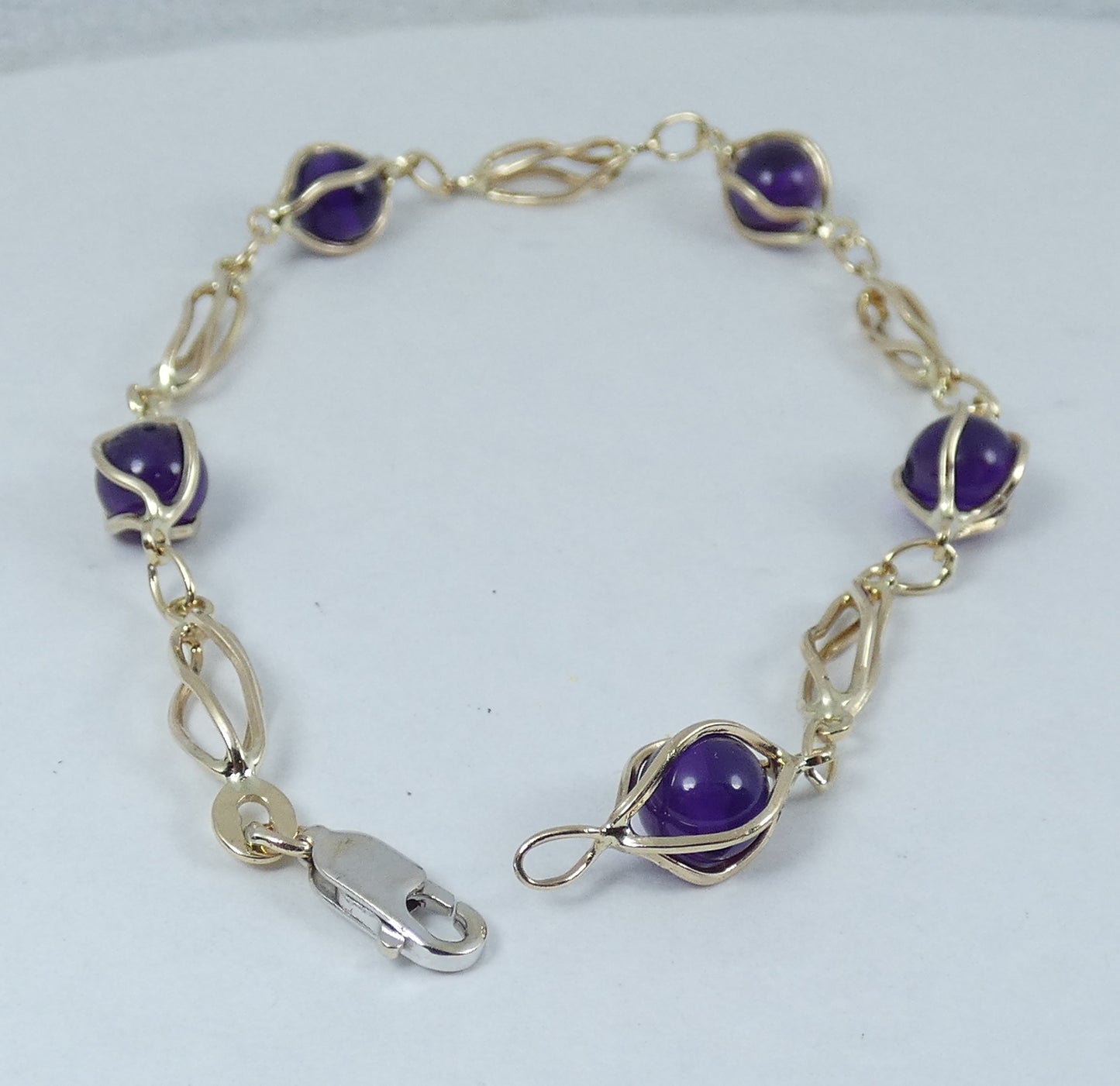 Vintage Solid 9ct Yellow Gold 19cm 7.5" Caged Spherical Amethyst Chain Bracelet