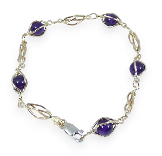 Vintage Solid 9ct Yellow Gold 19cm 7.5" Caged Spherical Amethyst Chain Bracelet