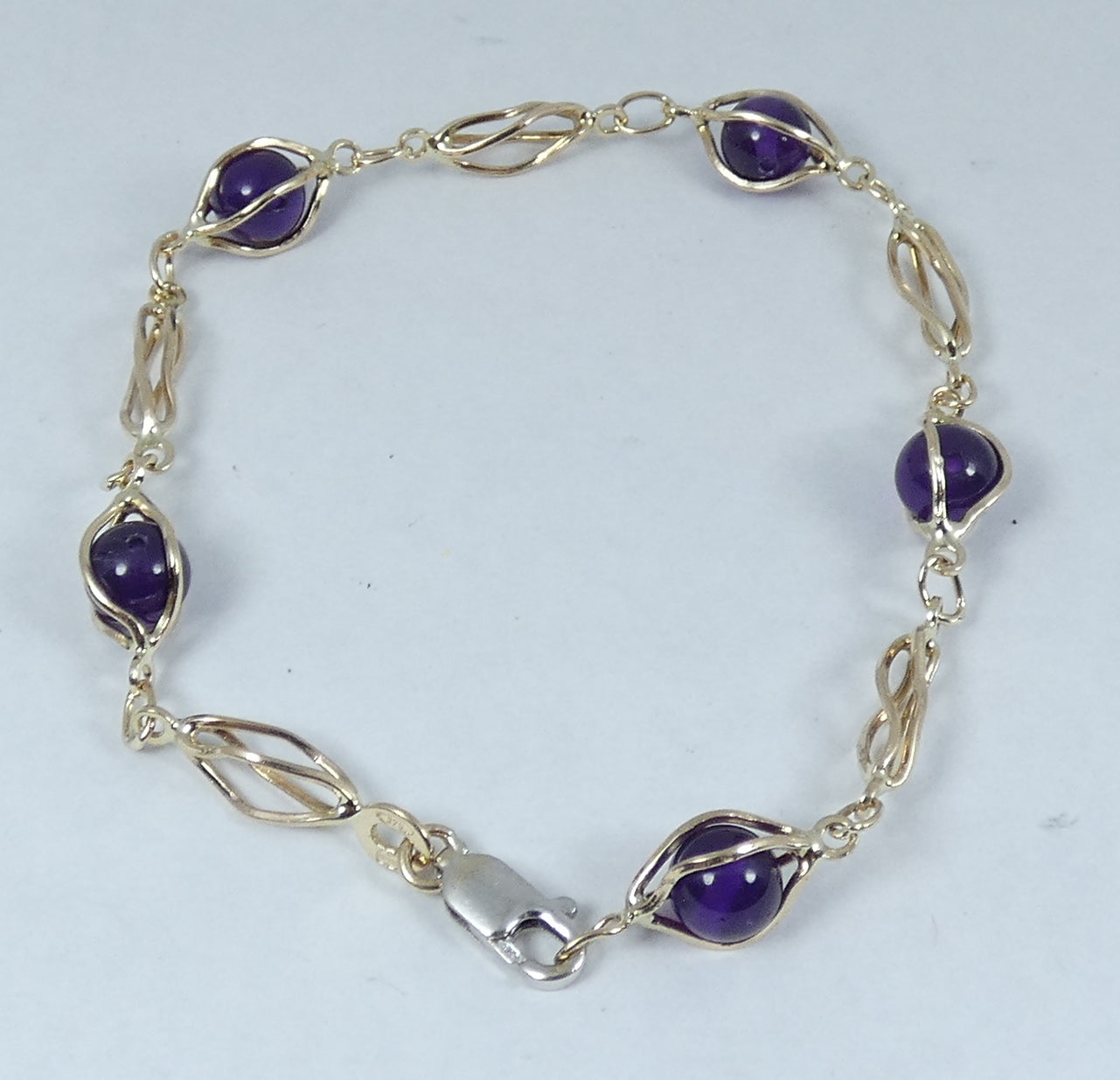 Vintage Solid 9ct Yellow Gold 19cm 7.5" Caged Spherical Amethyst Chain Bracelet