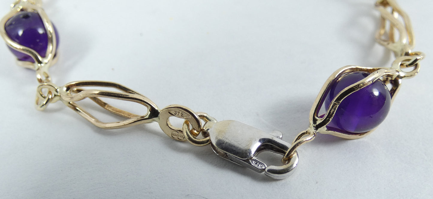 Vintage Solid 9ct Yellow Gold 19cm 7.5" Caged Spherical Amethyst Chain Bracelet