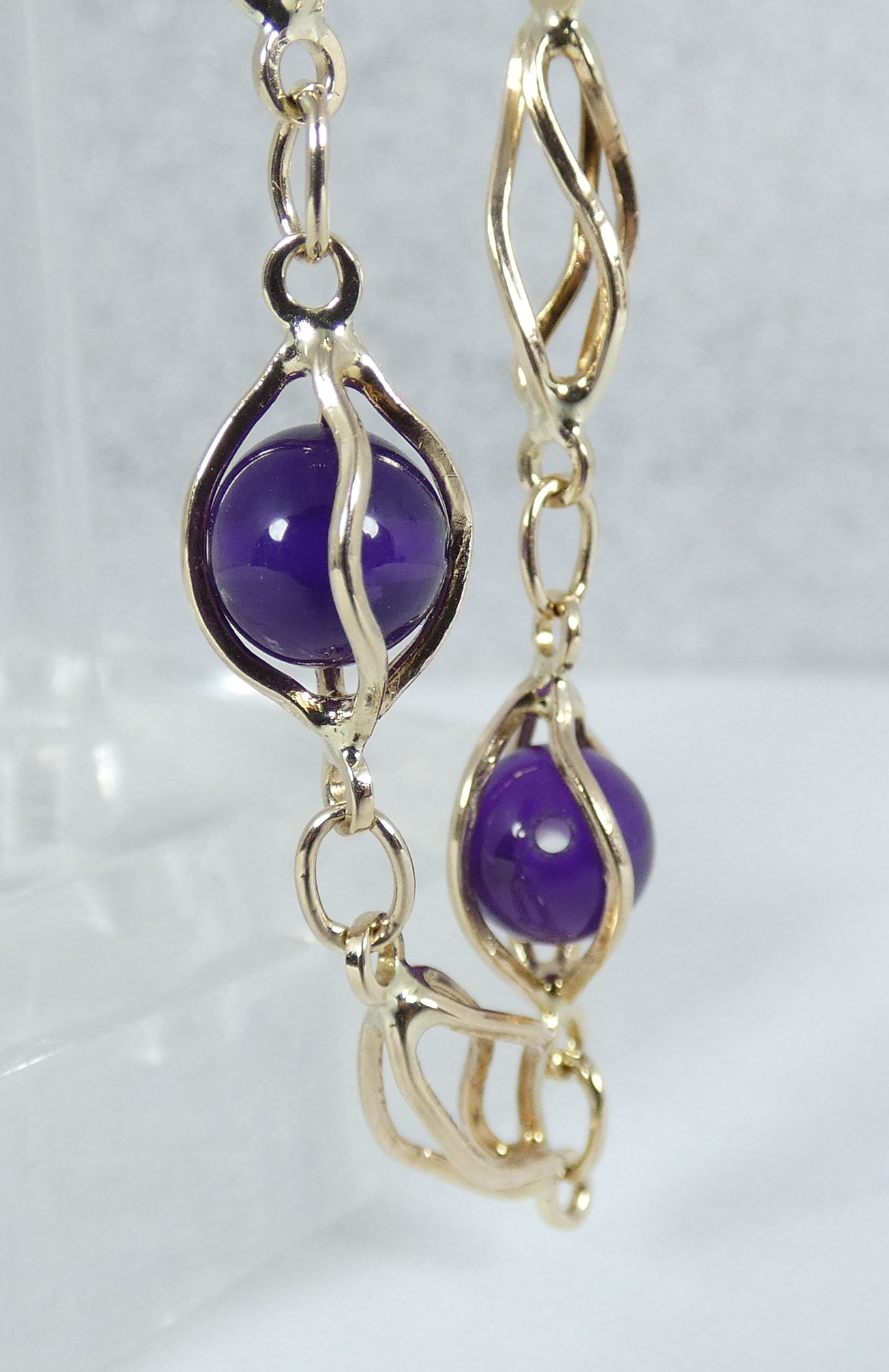 Vintage Solid 9ct Yellow Gold 19cm 7.5" Caged Spherical Amethyst Chain Bracelet