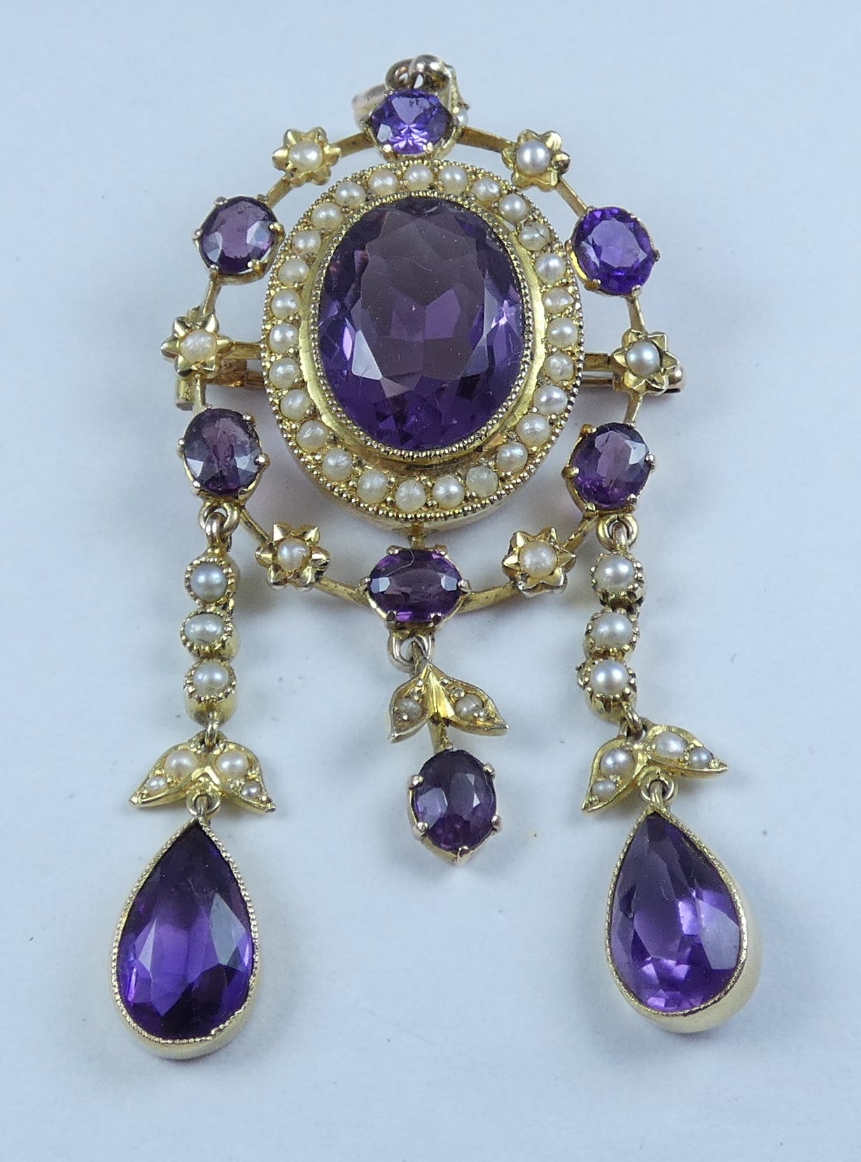 Antique Edwardian 1910 Solid 15ct Gold Purple Amethyst Seed Pearl Brooch Pendant