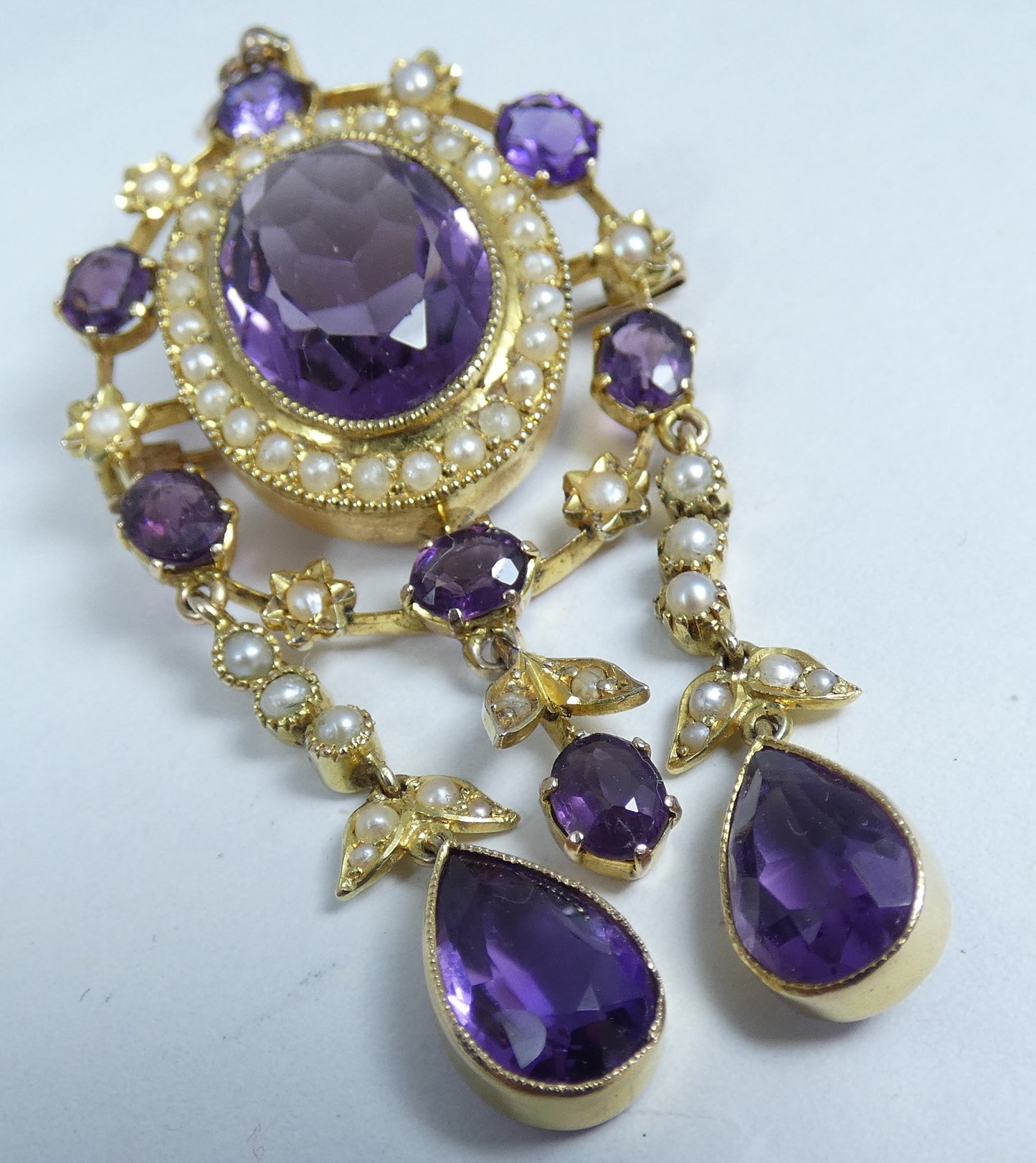 Antique Edwardian 1910 Solid 15ct Gold Purple Amethyst Seed Pearl Brooch Pendant