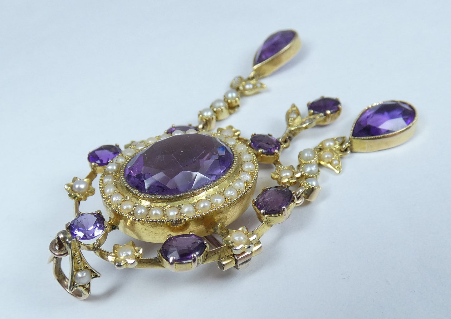 Antique Edwardian 1910 Solid 15ct Gold Purple Amethyst Seed Pearl Brooch Pendant
