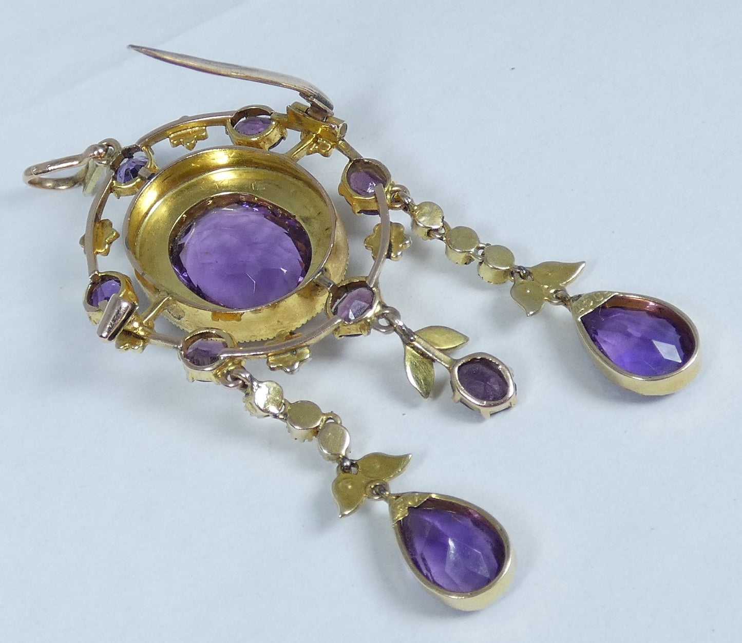 Antique Edwardian 1910 Solid 15ct Gold Purple Amethyst Seed Pearl Brooch Pendant