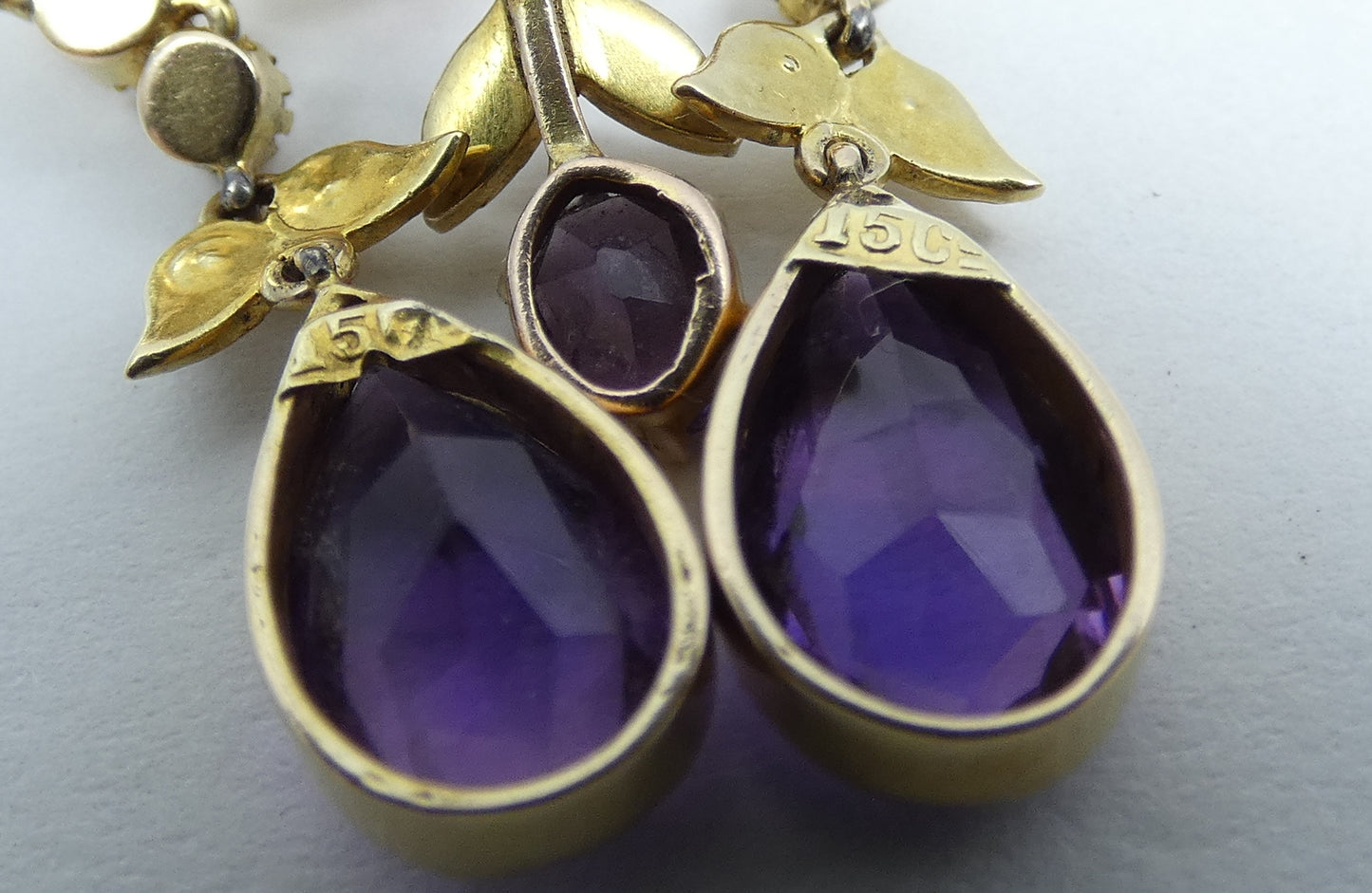 Antique Edwardian 1910 Solid 15ct Gold Purple Amethyst Seed Pearl Brooch Pendant