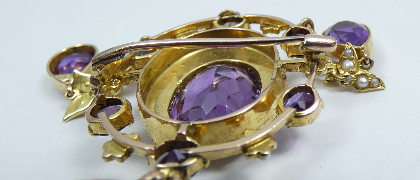 Antique Edwardian 1910 Solid 15ct Gold Purple Amethyst Seed Pearl Brooch Pendant