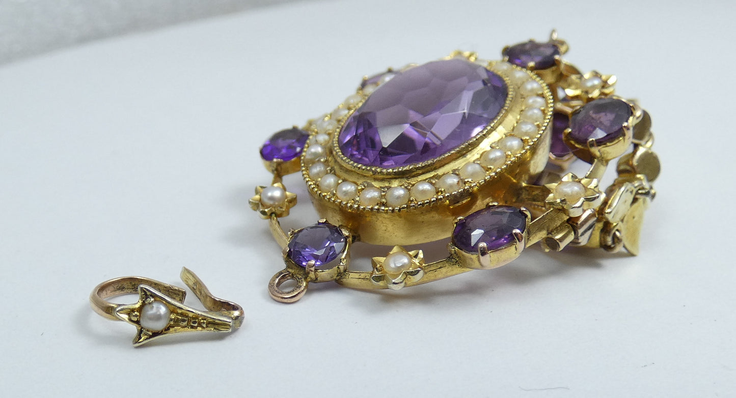 Antique Edwardian 1910 Solid 15ct Gold Purple Amethyst Seed Pearl Brooch Pendant