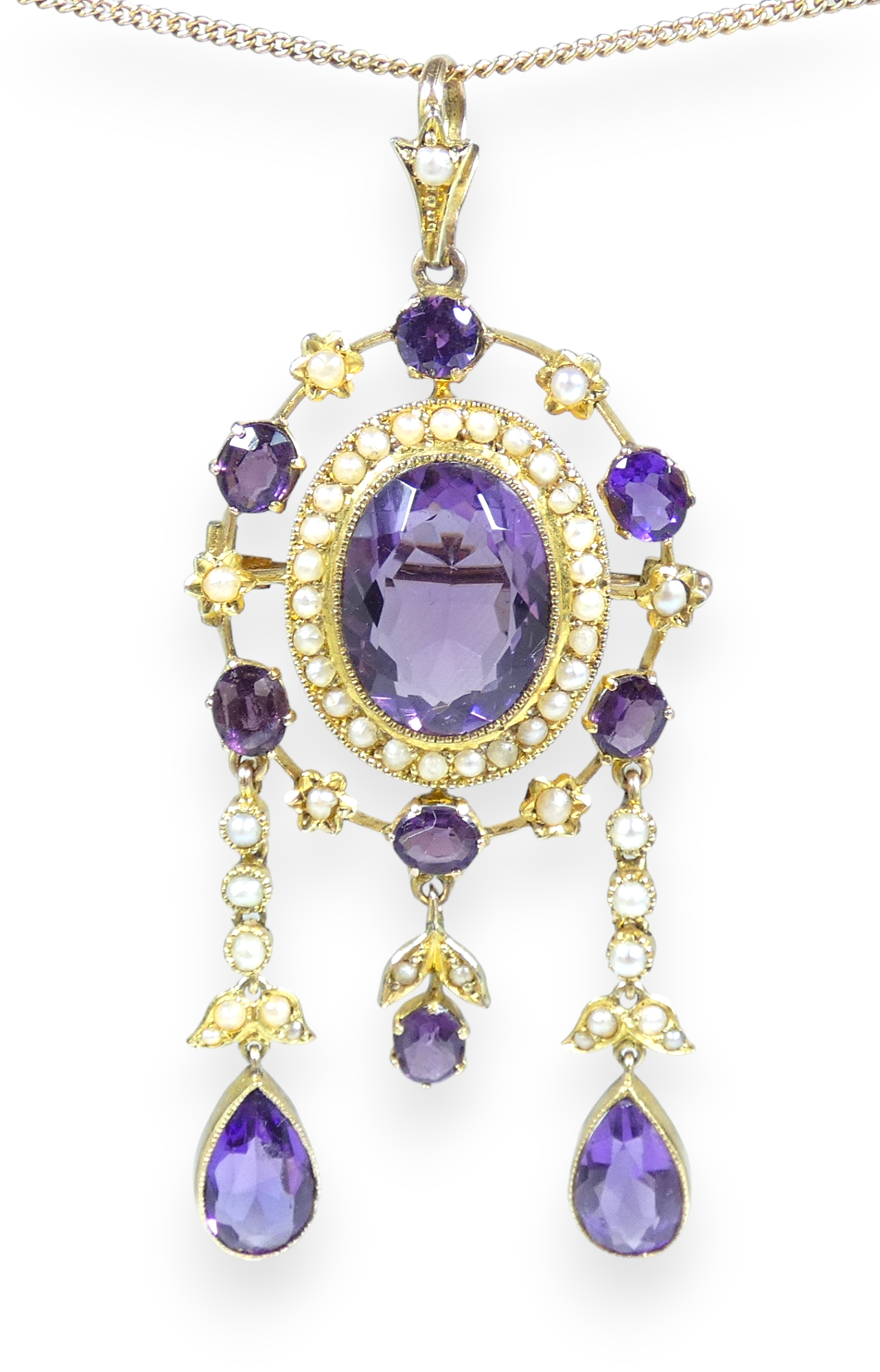 Antique Edwardian 1910 Solid 15ct Gold Purple Amethyst Seed Pearl Brooch Pendant