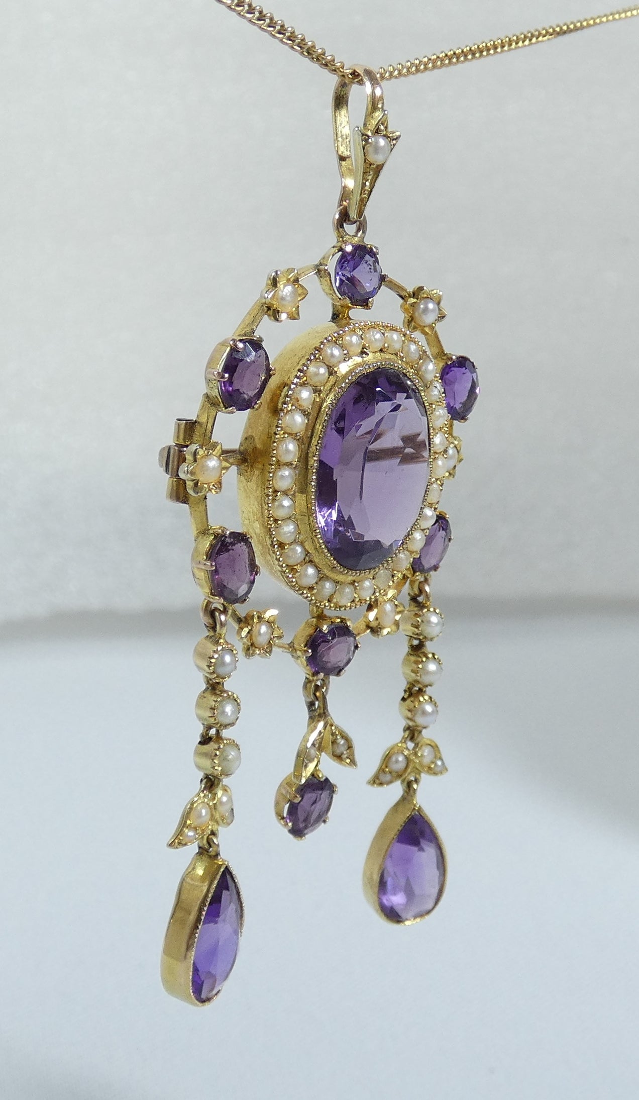 Antique Edwardian 1910 Solid 15ct Gold Purple Amethyst Seed Pearl Brooch Pendant