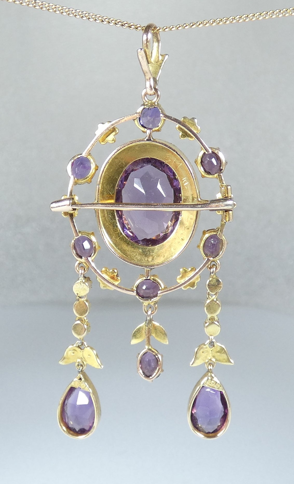 Antique Edwardian 1910 Solid 15ct Gold Purple Amethyst Seed Pearl Brooch Pendant