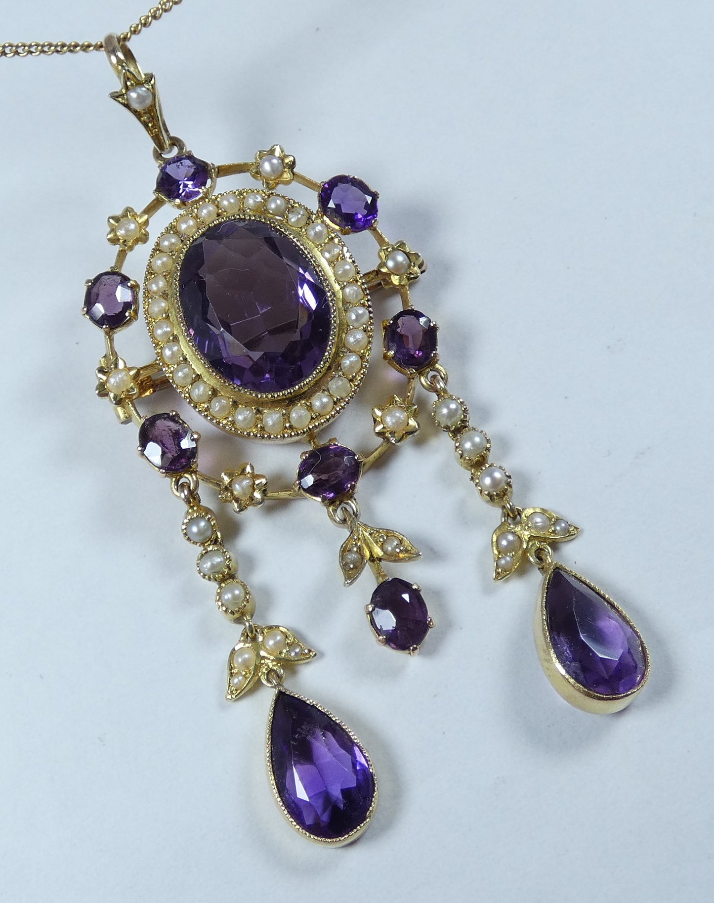 Antique Edwardian 1910 Solid 15ct Gold Purple Amethyst Seed Pearl Brooch Pendant