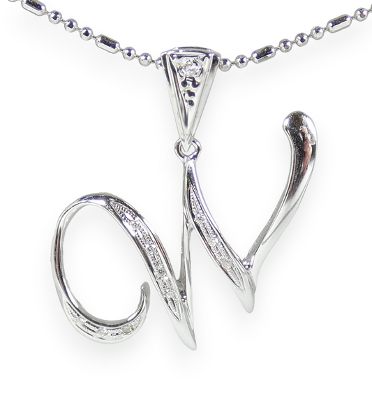 Solid 18ct White Gold & Diamond W Initial Letter Necklace Pendant Alphabet 750