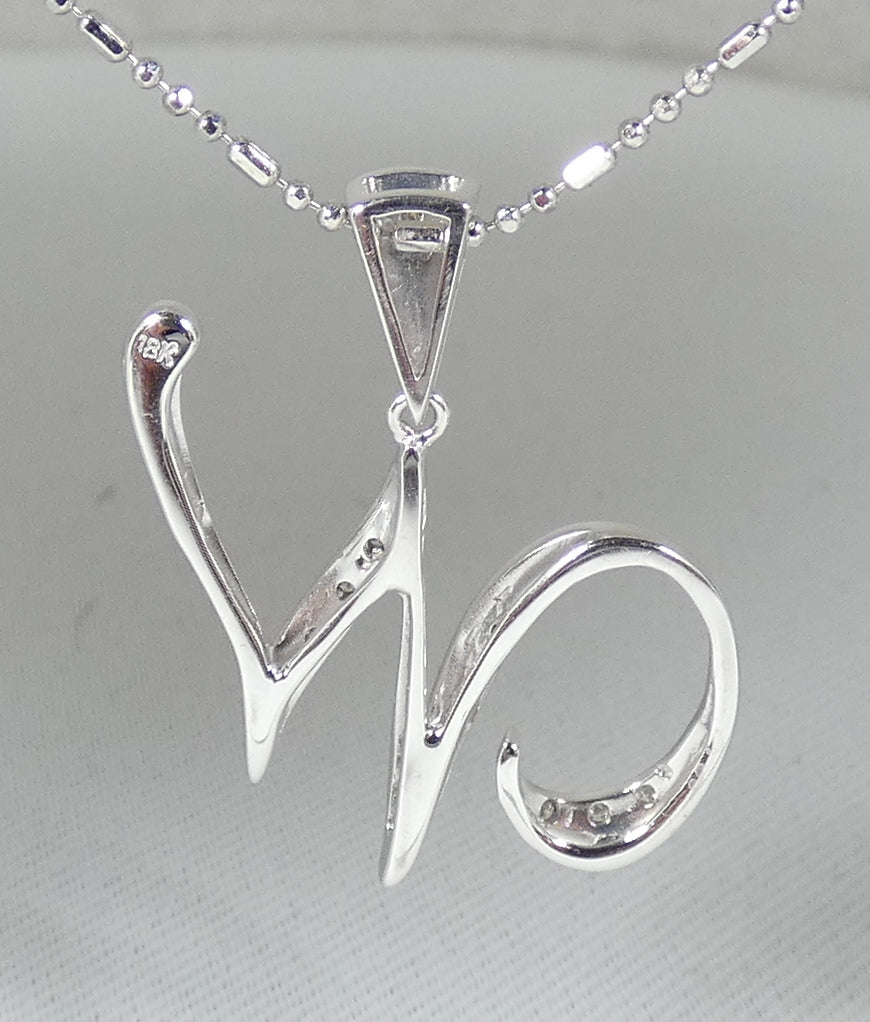 Solid 18ct White Gold & Diamond W Initial Letter Necklace Pendant Alphabet 750