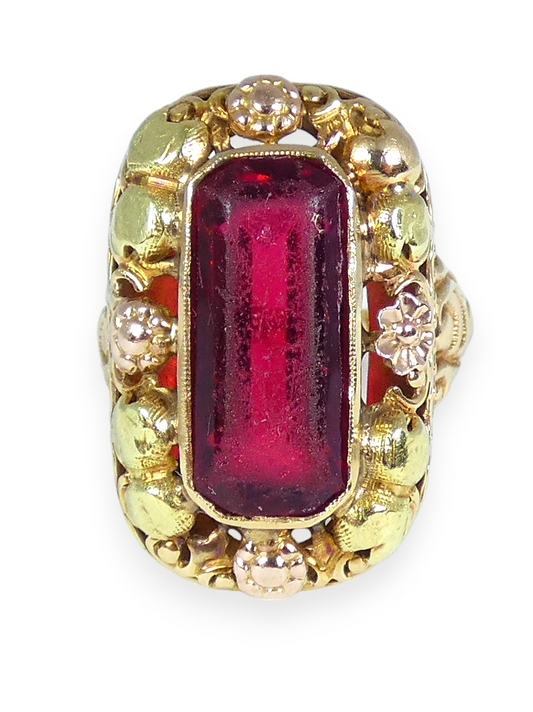 Vintage European Solid 14ct Yellow Gold Red Stone Floral Dress Ring Size 6 L 51