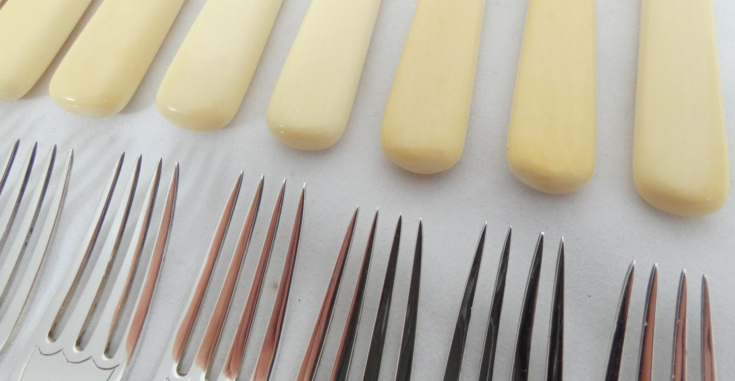 Antique Art Deco 1933 Set 24 Sterling Silver Fish Dessert Knives Forks Cutlery