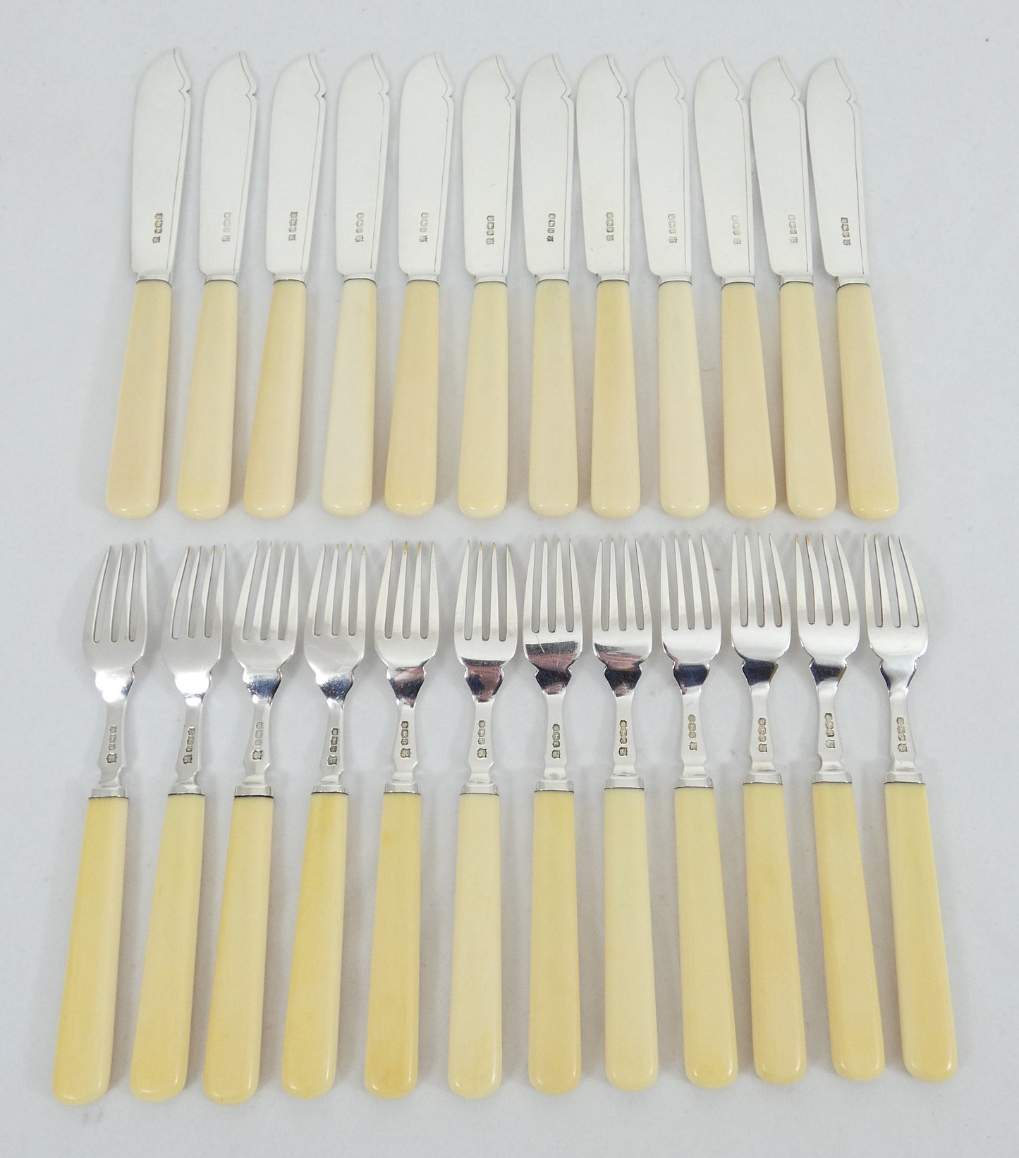 Antique Art Deco 1933 Set 24 Sterling Silver Fish Dessert Knives Forks Cutlery